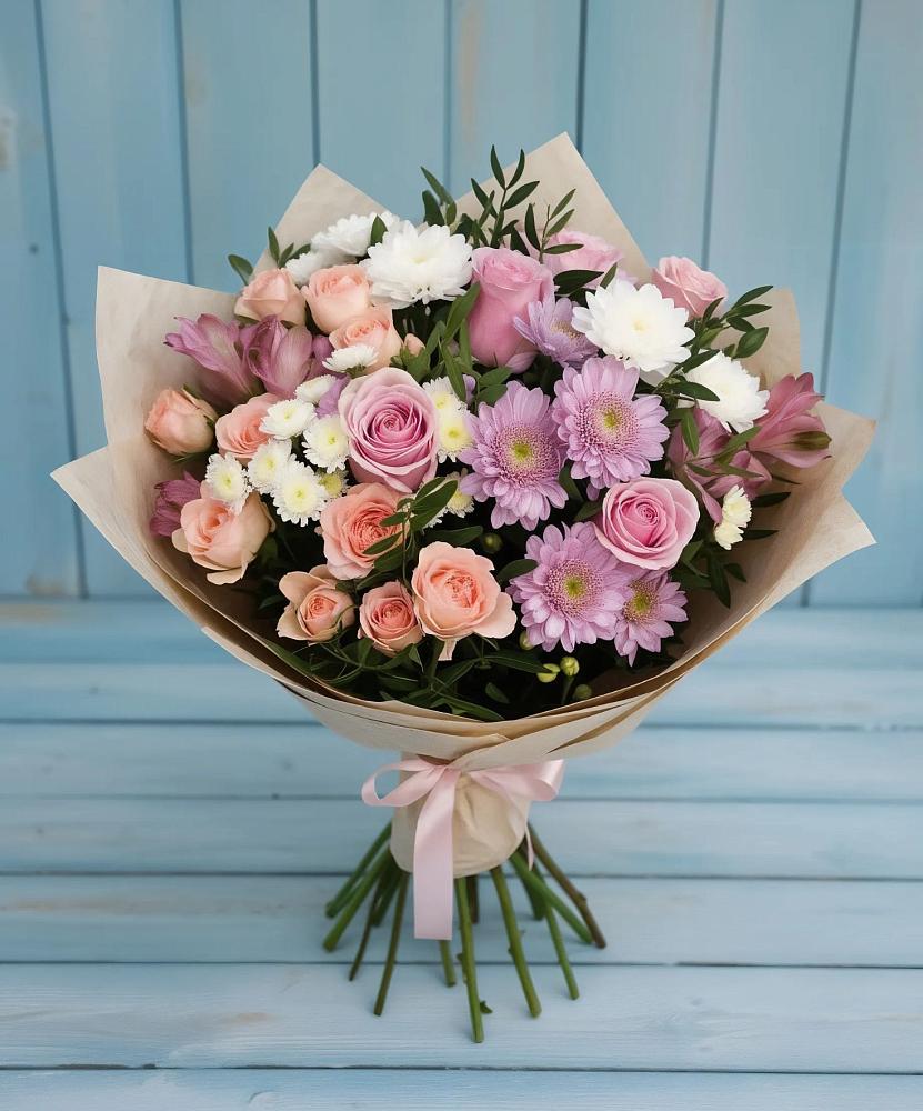 Букет цветов из: Хризантемы, Розы и Альстромерии в Красная Долина