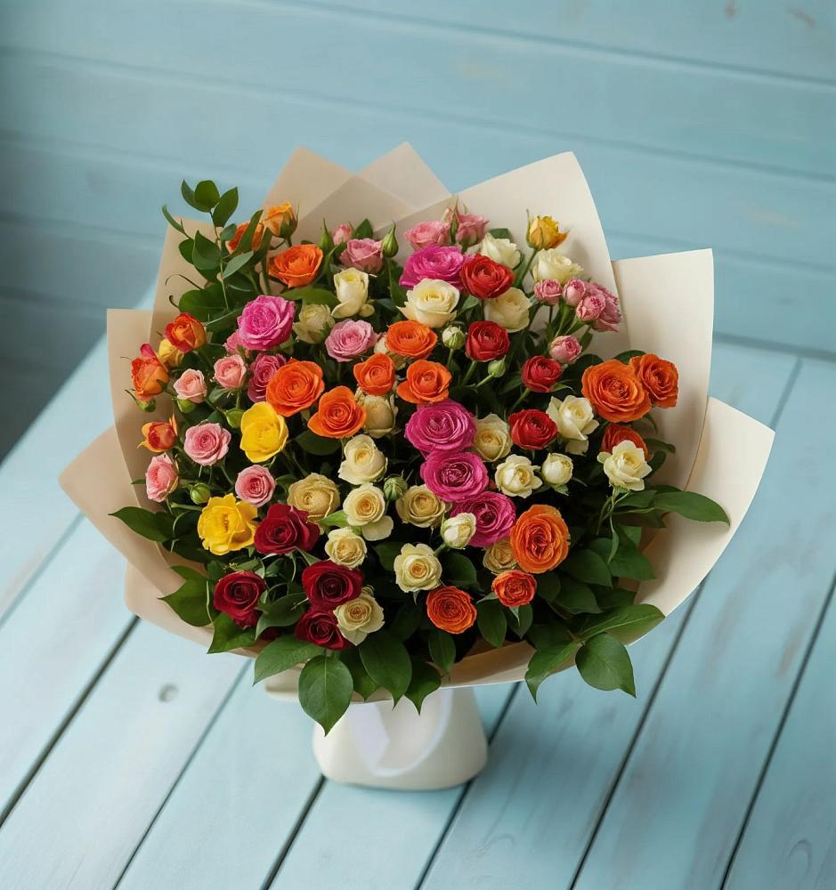 Букет Микс из разноцветных кустовых роз в Красная Долина