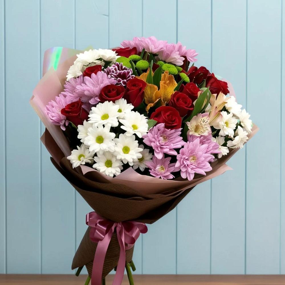 Букет цветов из: Розы, Хризантемы и Альстромерии в Красная Долина