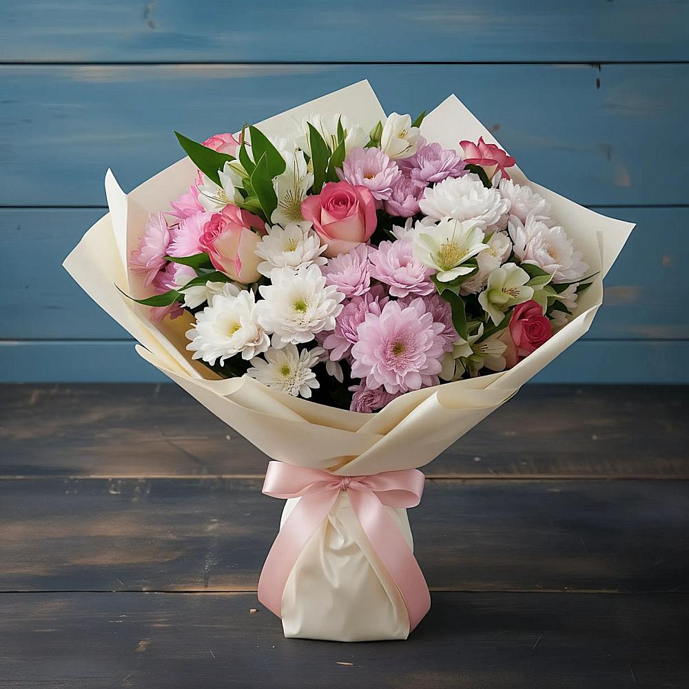 Букет цветов из: Хризантемы, Альстромерии и Розы в Красная Долина